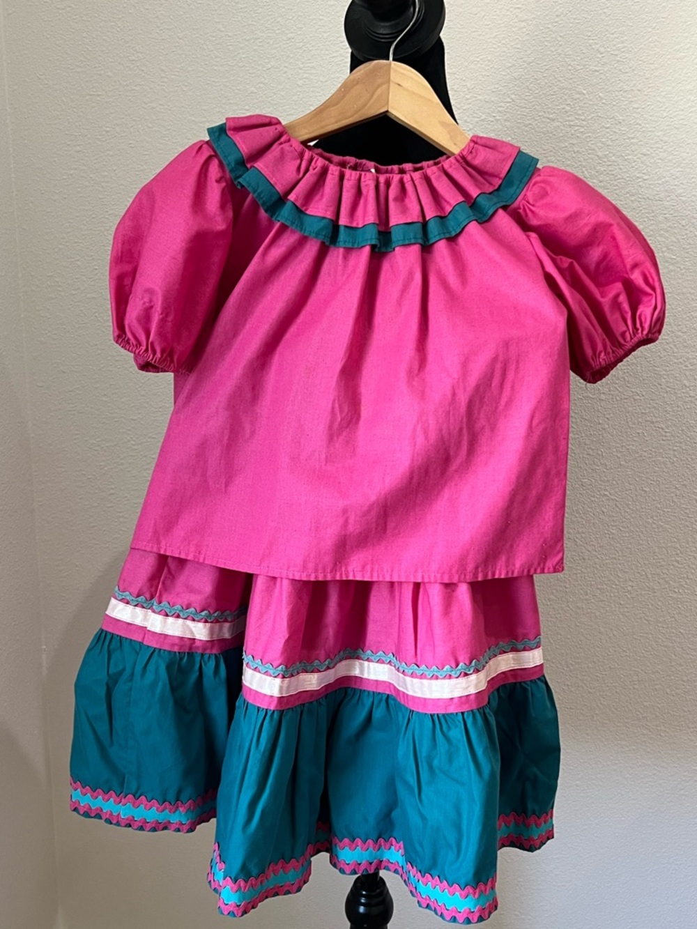 Bright Pink and Teal Artisanal Two-Piece Girls Skirt Set size 6-8 Dancing Outfit